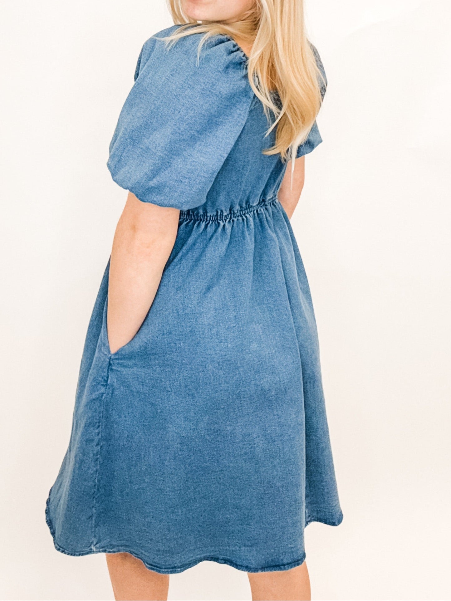 Mikarose Denim Puff Sleeve Square Neck Dress