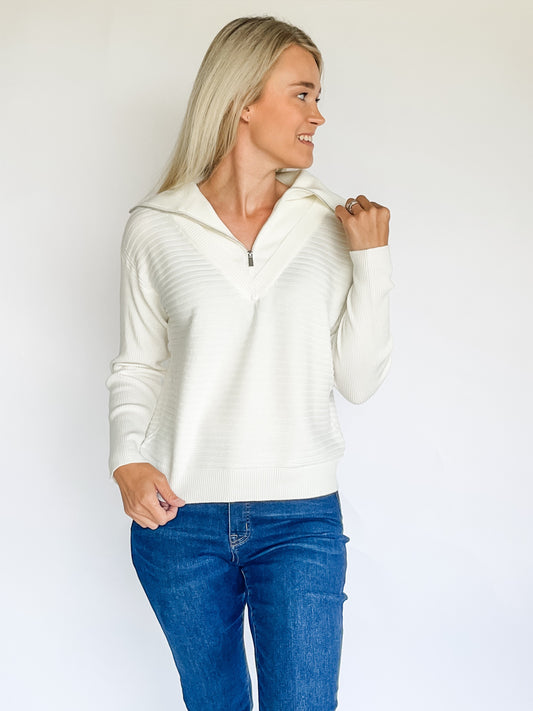 Eggshell Soft Zip-Up V-Neck Sweater