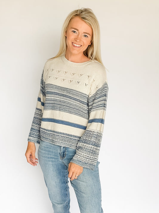 Color Block Bell Sleeve Boat Neck Sweater Slateblue