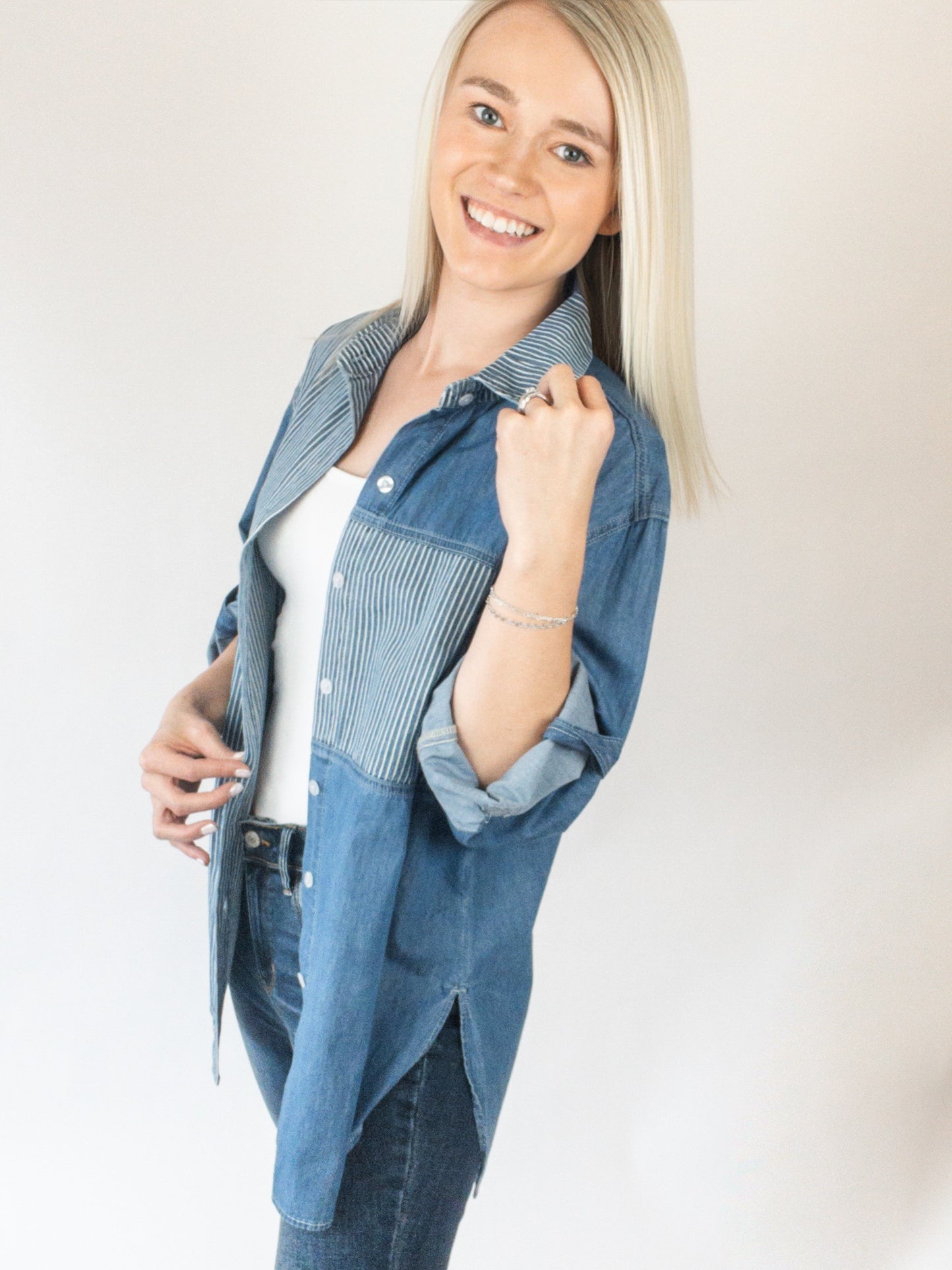 Mineral Washed Pinstripe Color Block Shirt