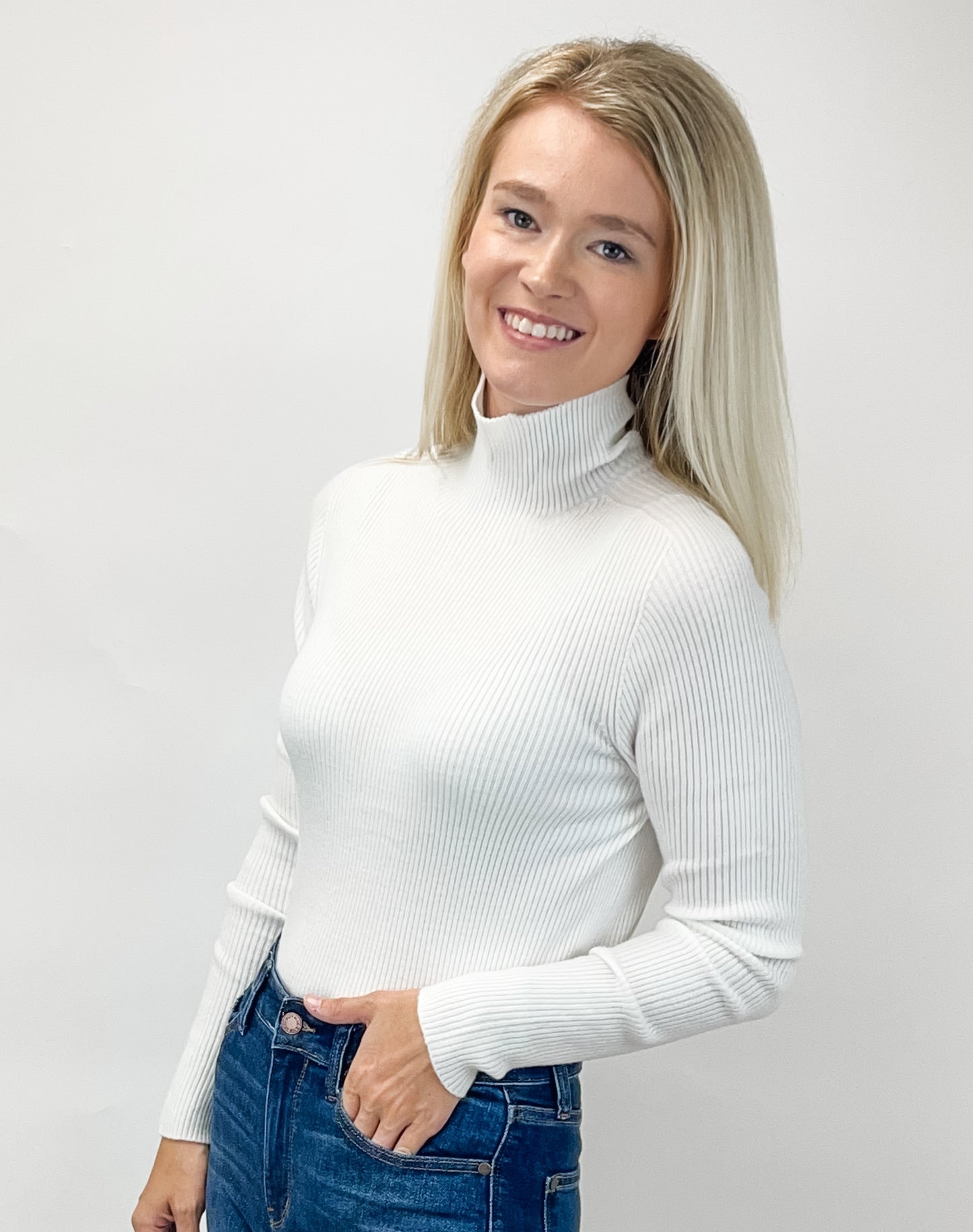 Ivory Wholegarment Mock Neck Ribbed Knit Top