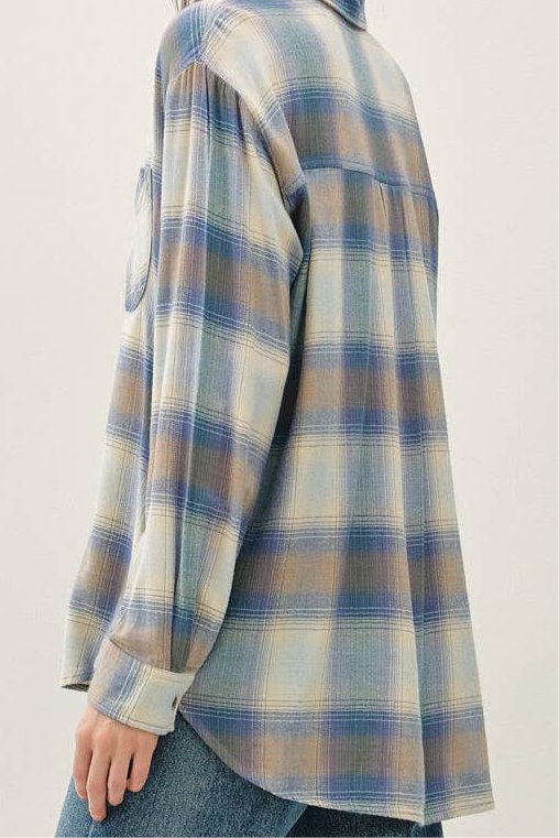 Retro Blue Vintage Plaid Boxy Shirt