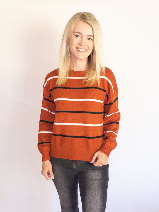 Orange white and black stripe lightweight sweater