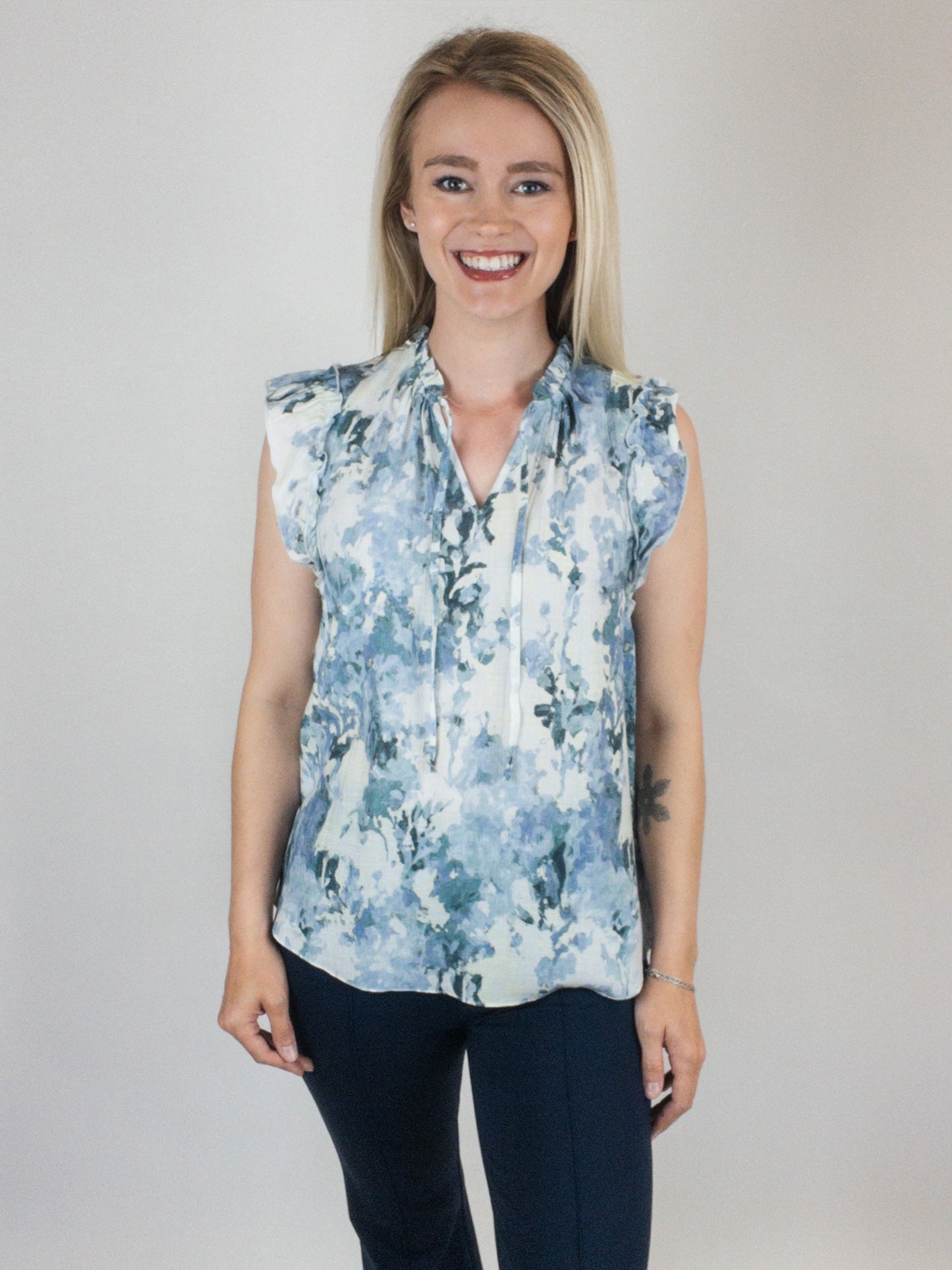 Blue Floral Sleeveless Blouse