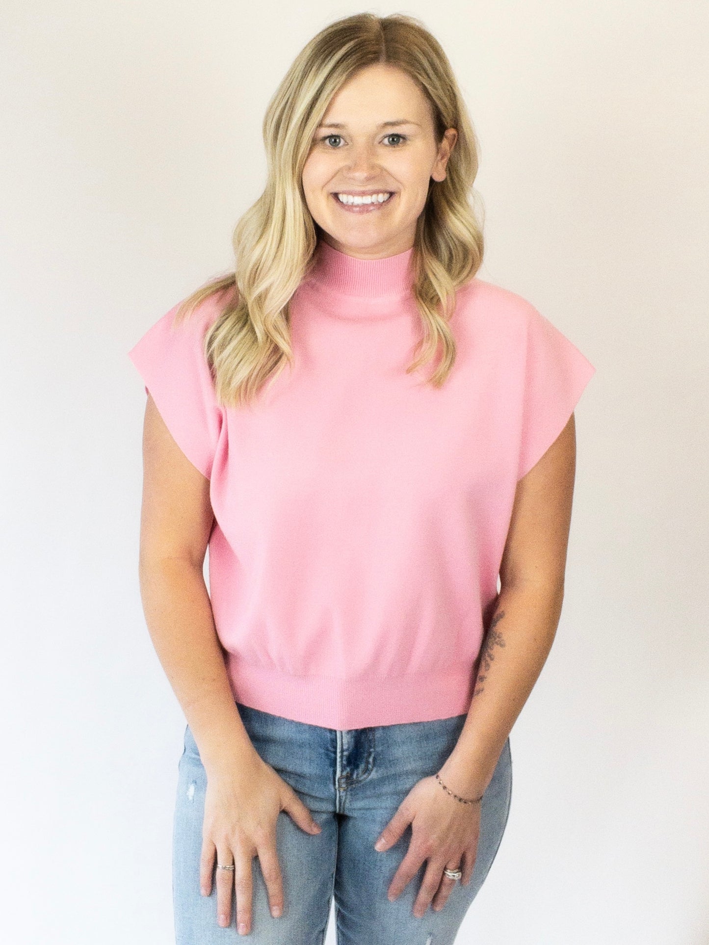 Pink Mock Neck Short Sleeve Top