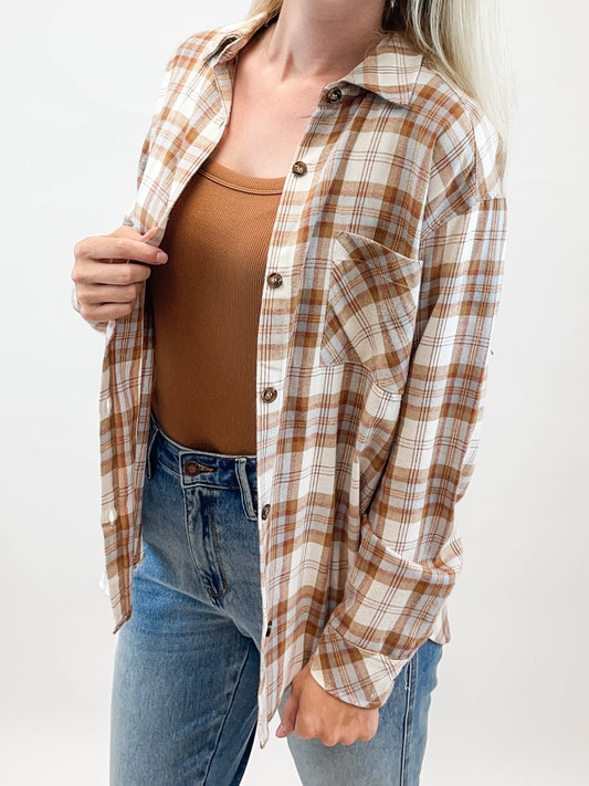 Rust cream blue button down flannel