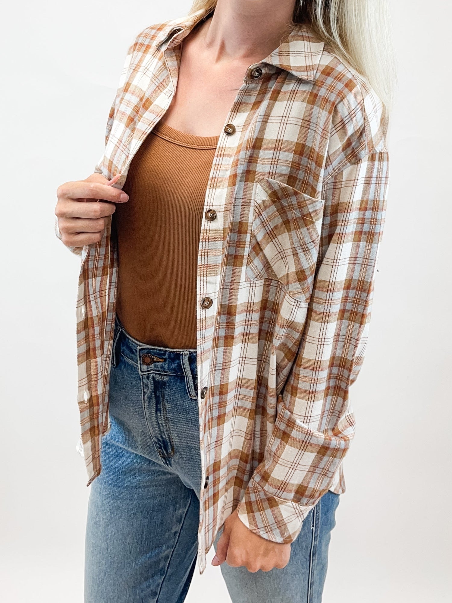 Rust cream blue button down flannel