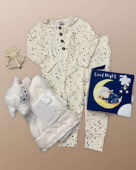 Baby Lou Lou & Company Star top + Bottom set lamb lovey blanket from saranoni, crinkle sweet dreams book and sheep teether toy.