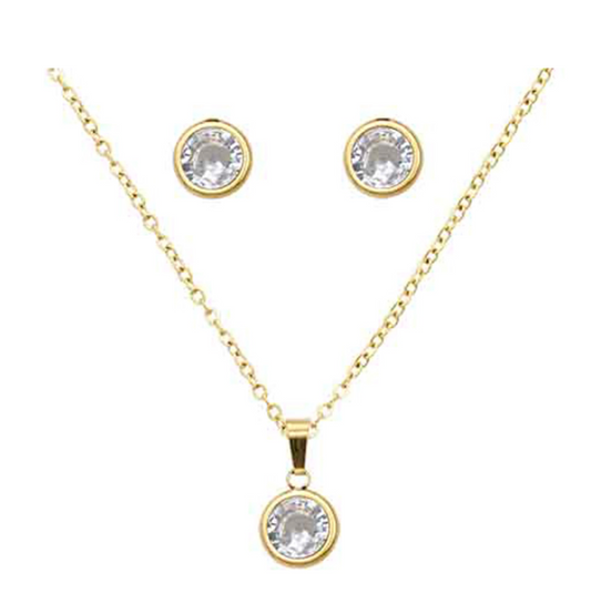 Gold Round Bezel CZ Pendant Necklace Set