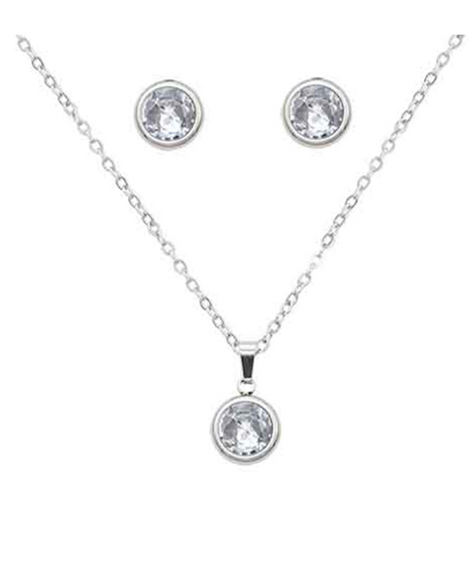 Silver Round Bezel CZ Pendant Necklace Set