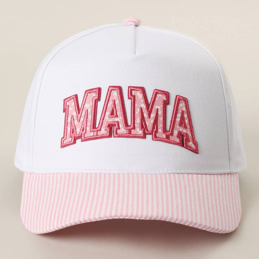 Mama Embroidered Patch Stripe Brim Trucker Hat - Pink