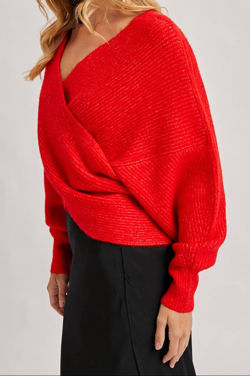 Ruby Wrap Crossover Ribbed Fuzzy Knit Sweater