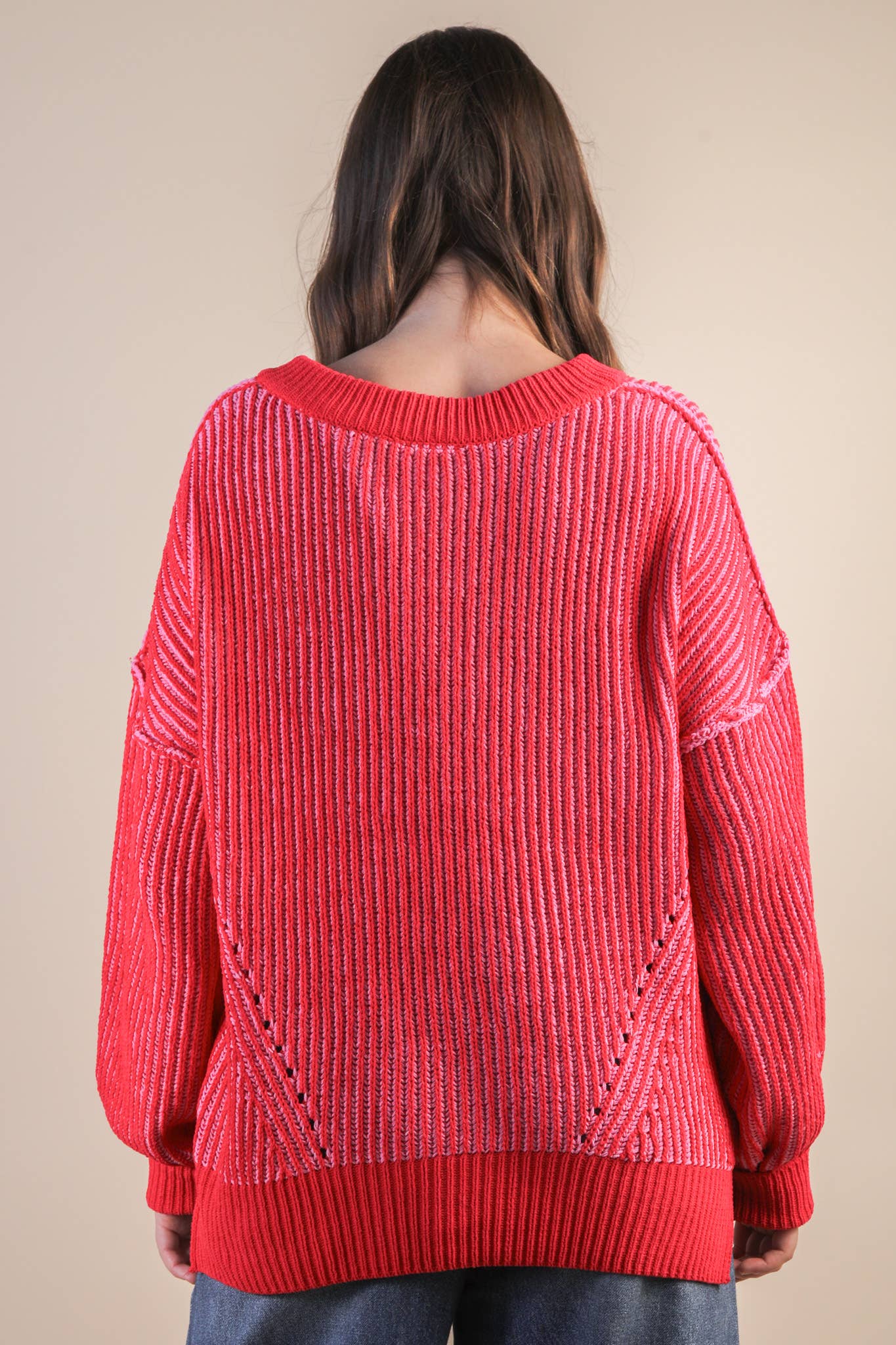 Red Ribbed V-Neck Sweater