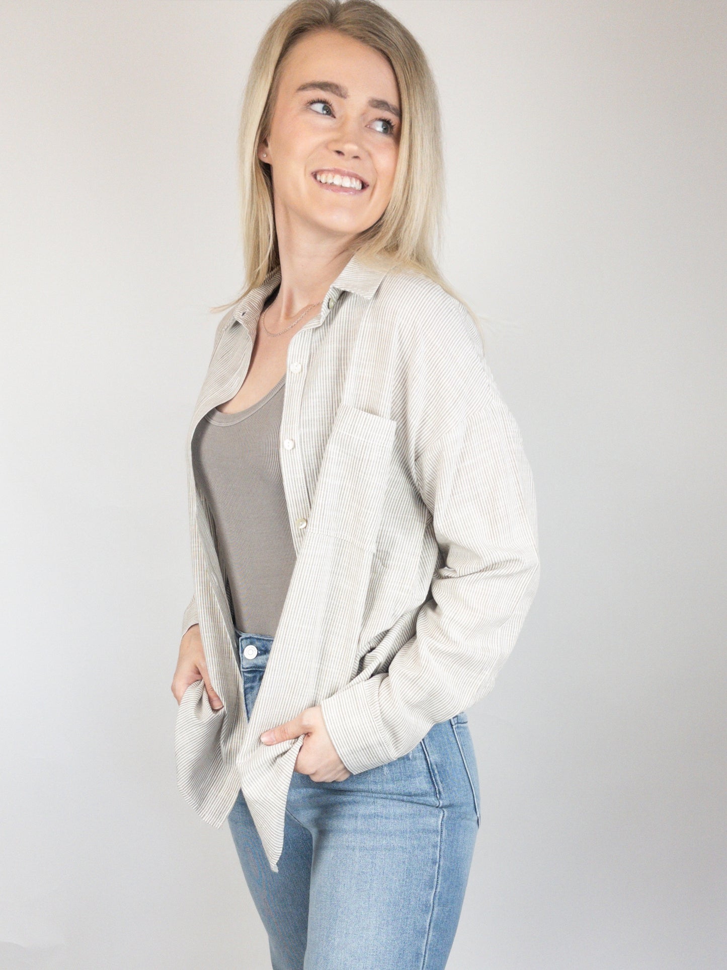 Khaki Stripe Oversized Button Down Top