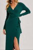 Hunter Green Ribbed Knit V-neck Wrap Midi Dress