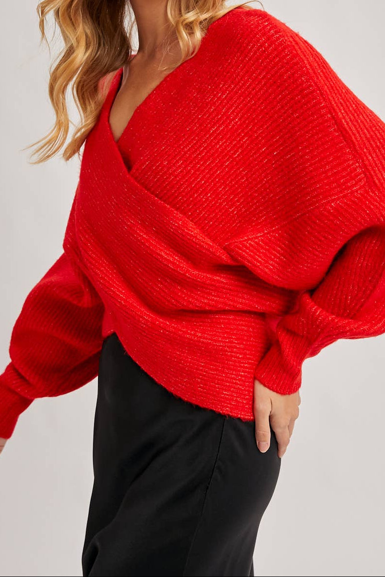 Ruby Wrap Crossover Ribbed Fuzzy Knit Sweater