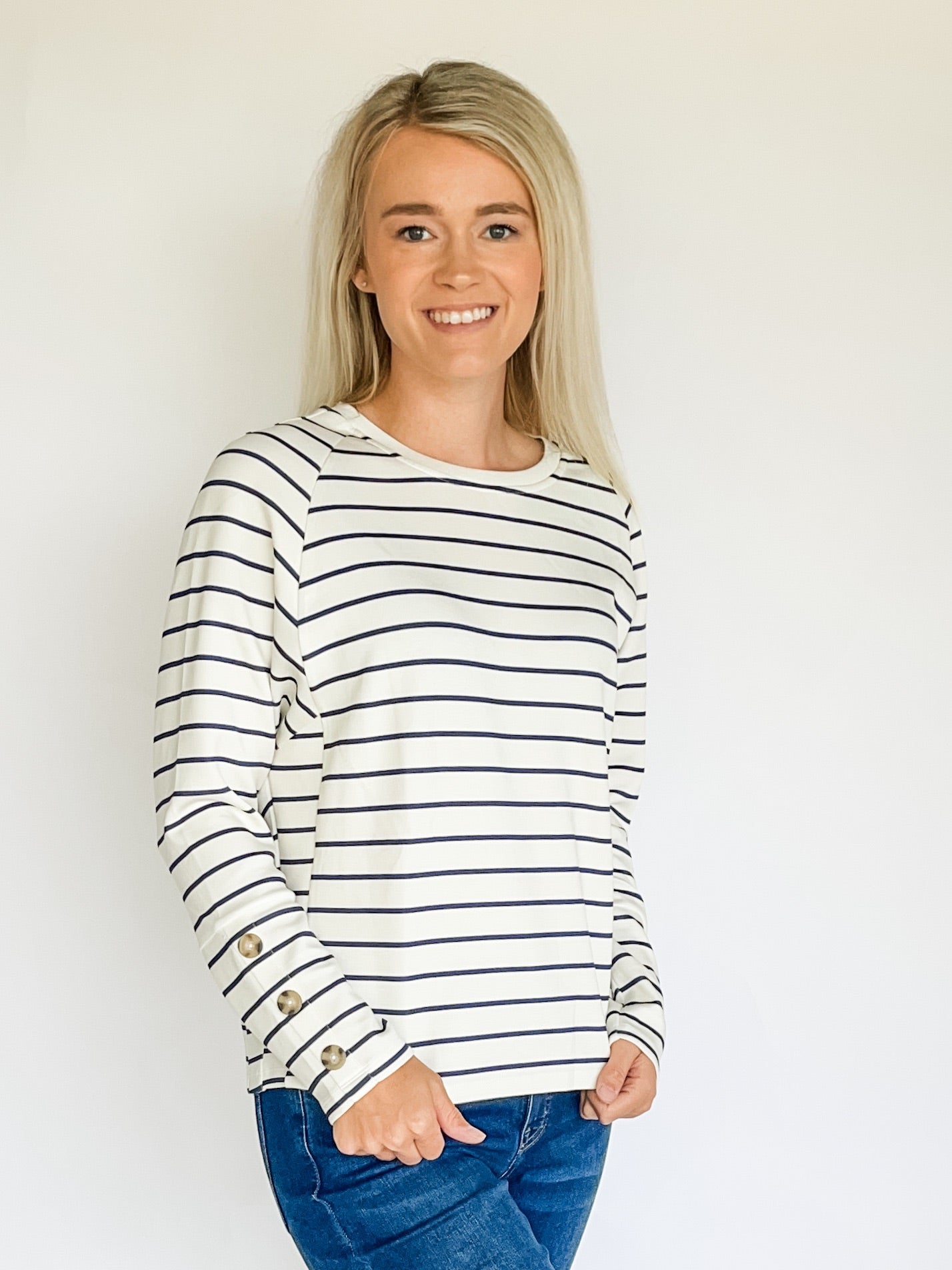 Stripe Scuba Knit Button-Sleeve Crew Neck Top