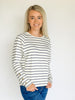 Stripe Scuba Knit Button-Sleeve Crew Neck Top
