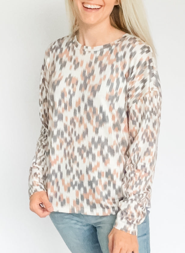 Fuzzy Soft Crew Neck Combo Print Knit Top