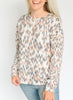 Fuzzy Soft Crew Neck Combo Print Knit Top