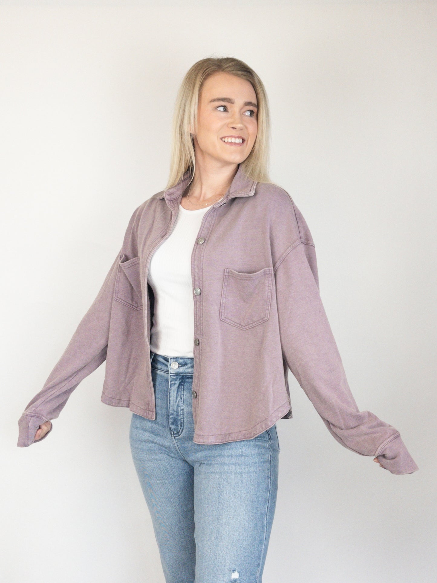 Dusty Lavender Washed Cropped Button Up