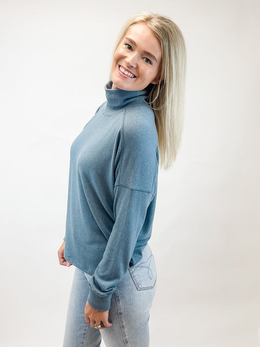 Teal Soft Relaxed Fit Turtle Neck Knit Top