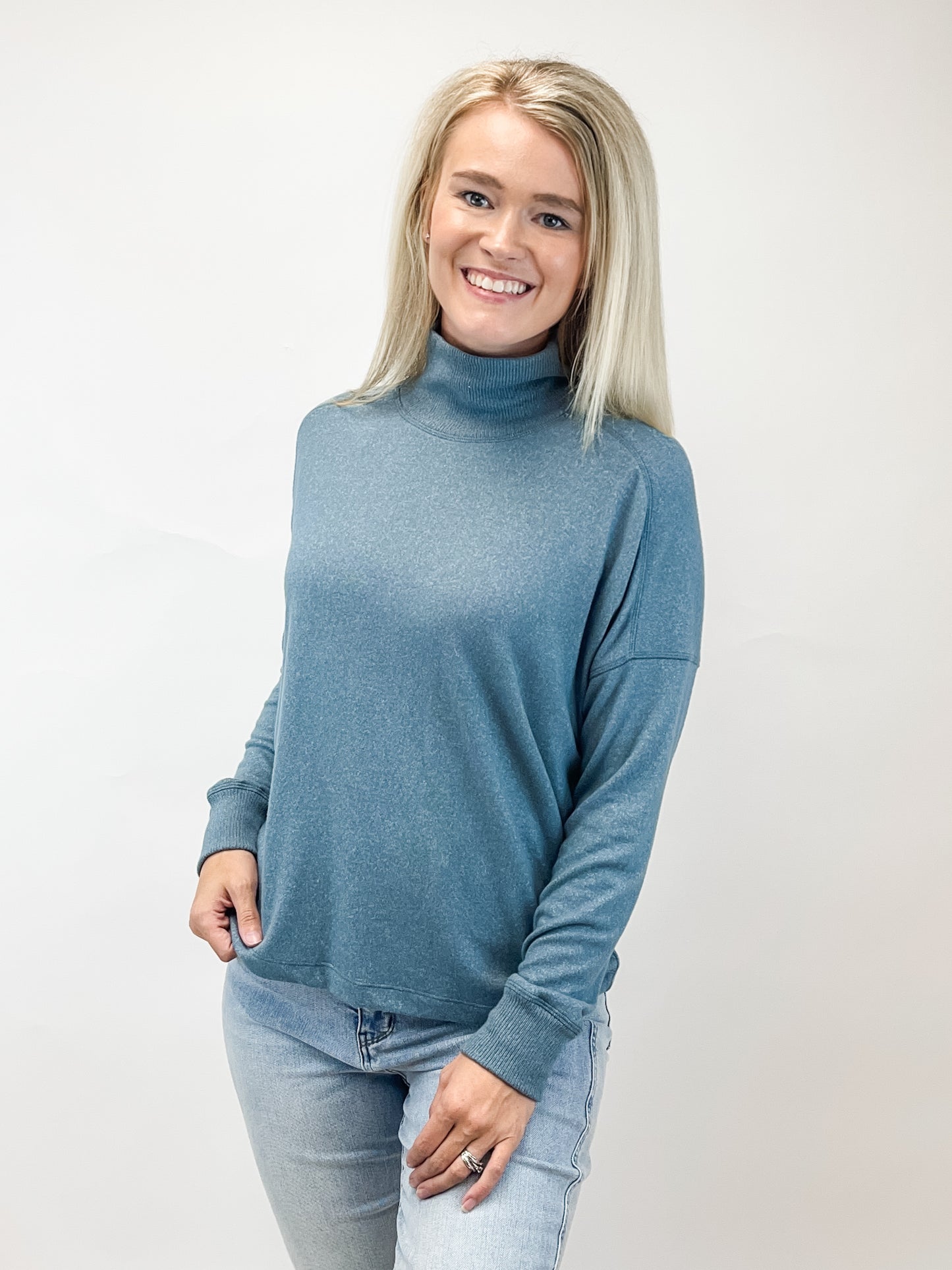 Teal Soft Relaxed Fit Turtle Neck Knit Top