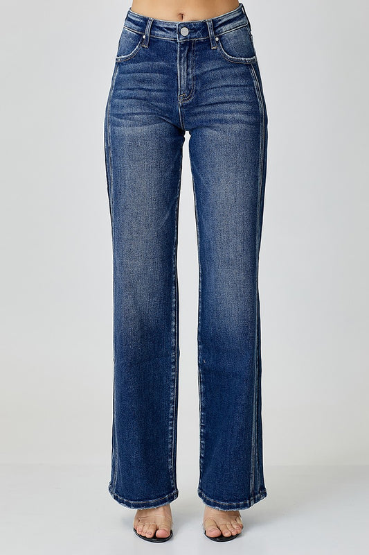 Risen Mid-Rise Dark Straight Leg Jeans