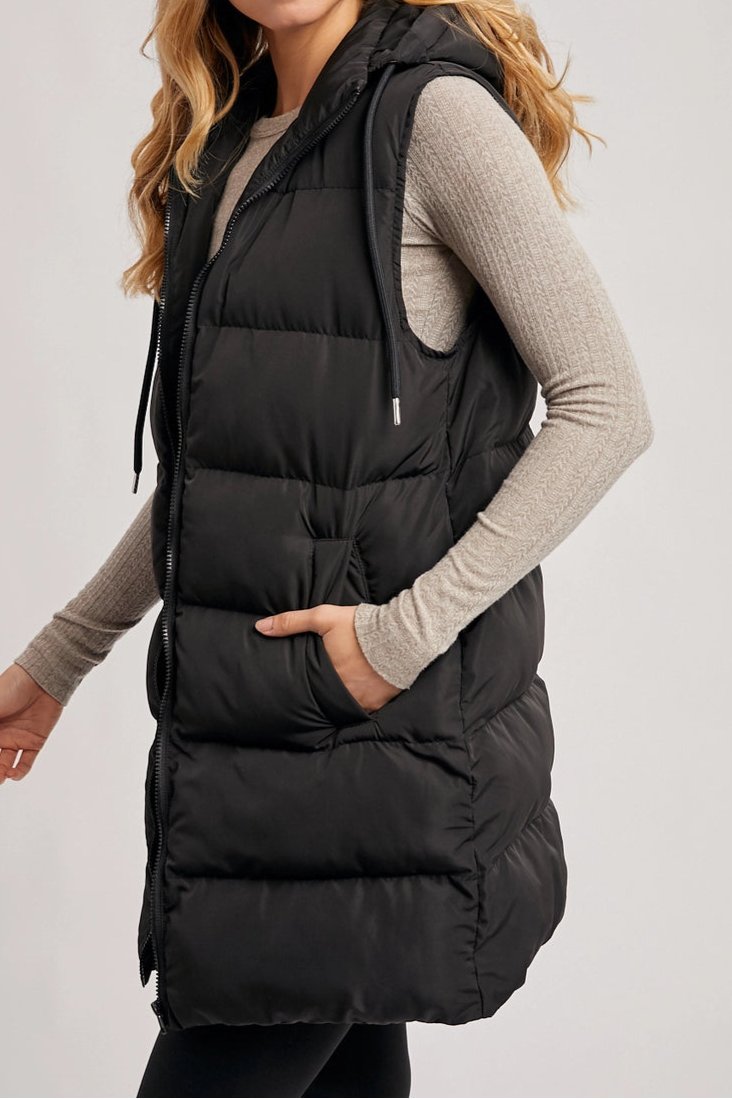 Black Hooded Zipper Down Long Puffer Vest