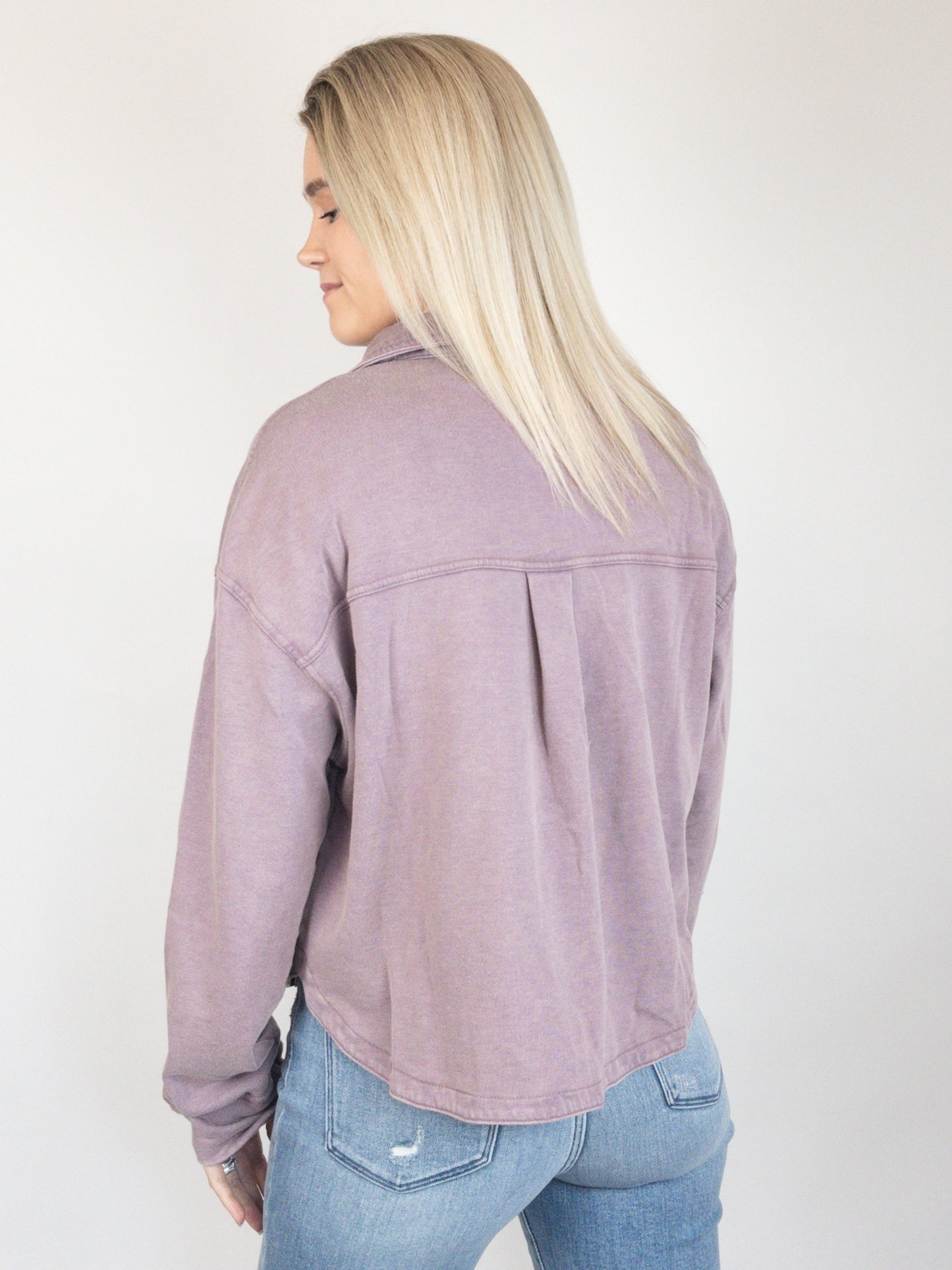 Dusty Lavender Washed Cropped Button Up