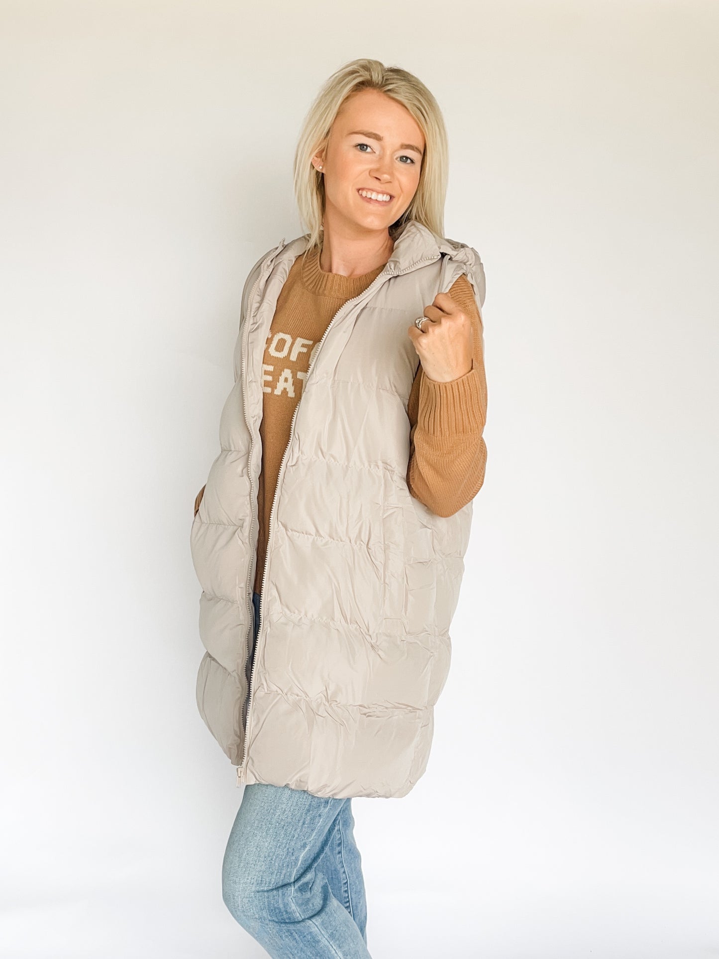 Beige Hooded Zipper Down Long Puffer Vest