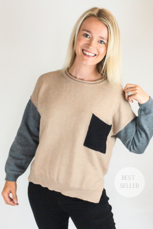 Tan Color Block Sweater With Black Pocket