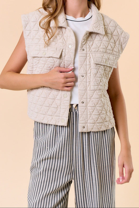 Oat Quilted Point Collar Flap Patched Pocket Vest