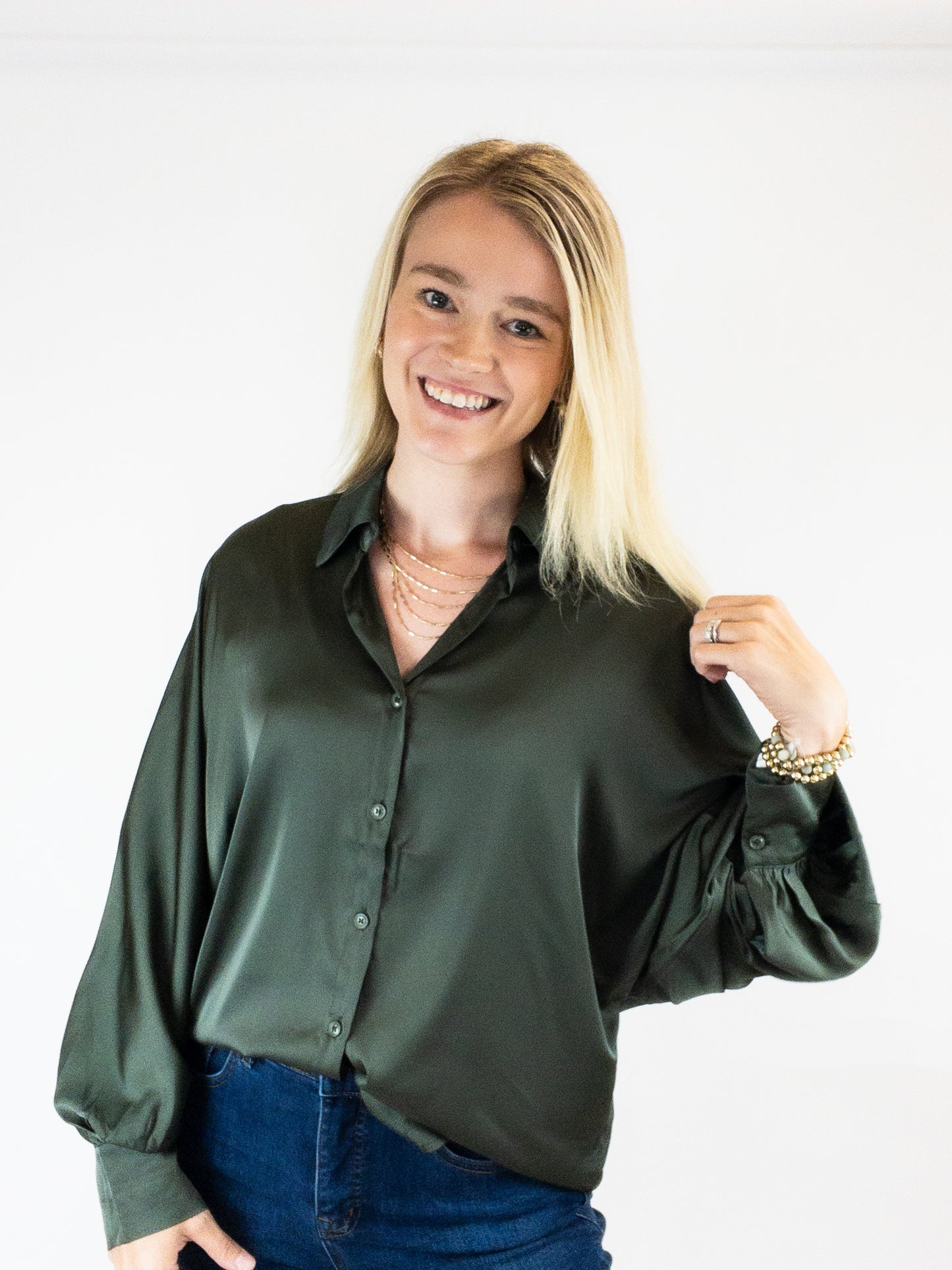 Pine Satin Button Down