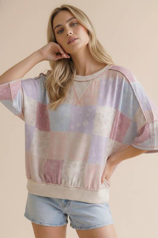 Plus Oversized Flutter Sleeve Patchwork Floral Top
