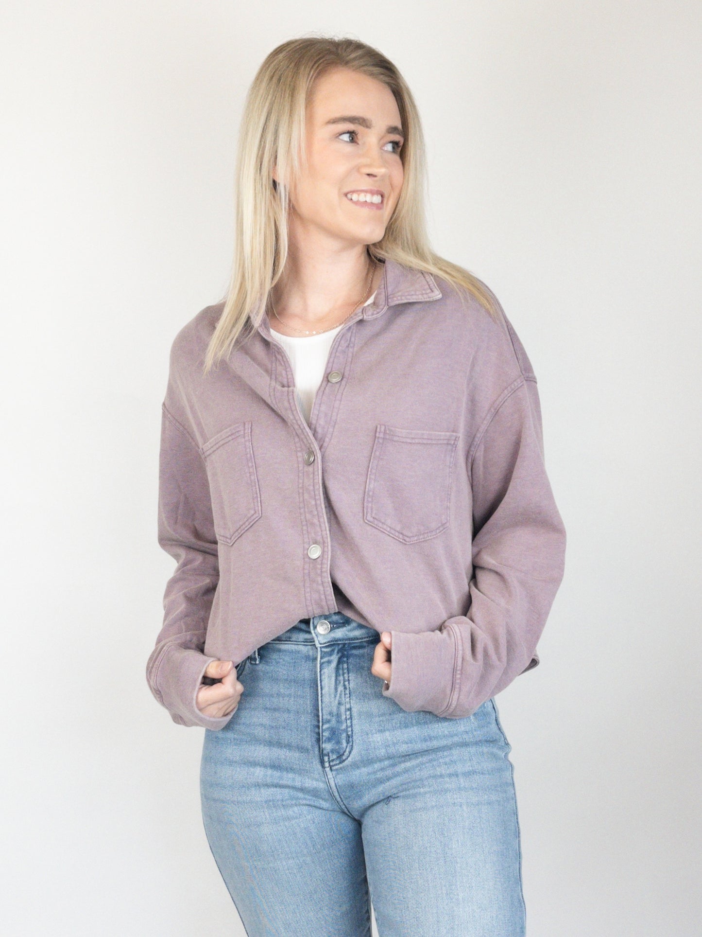 Dusty Lavender Washed Cropped Button Up