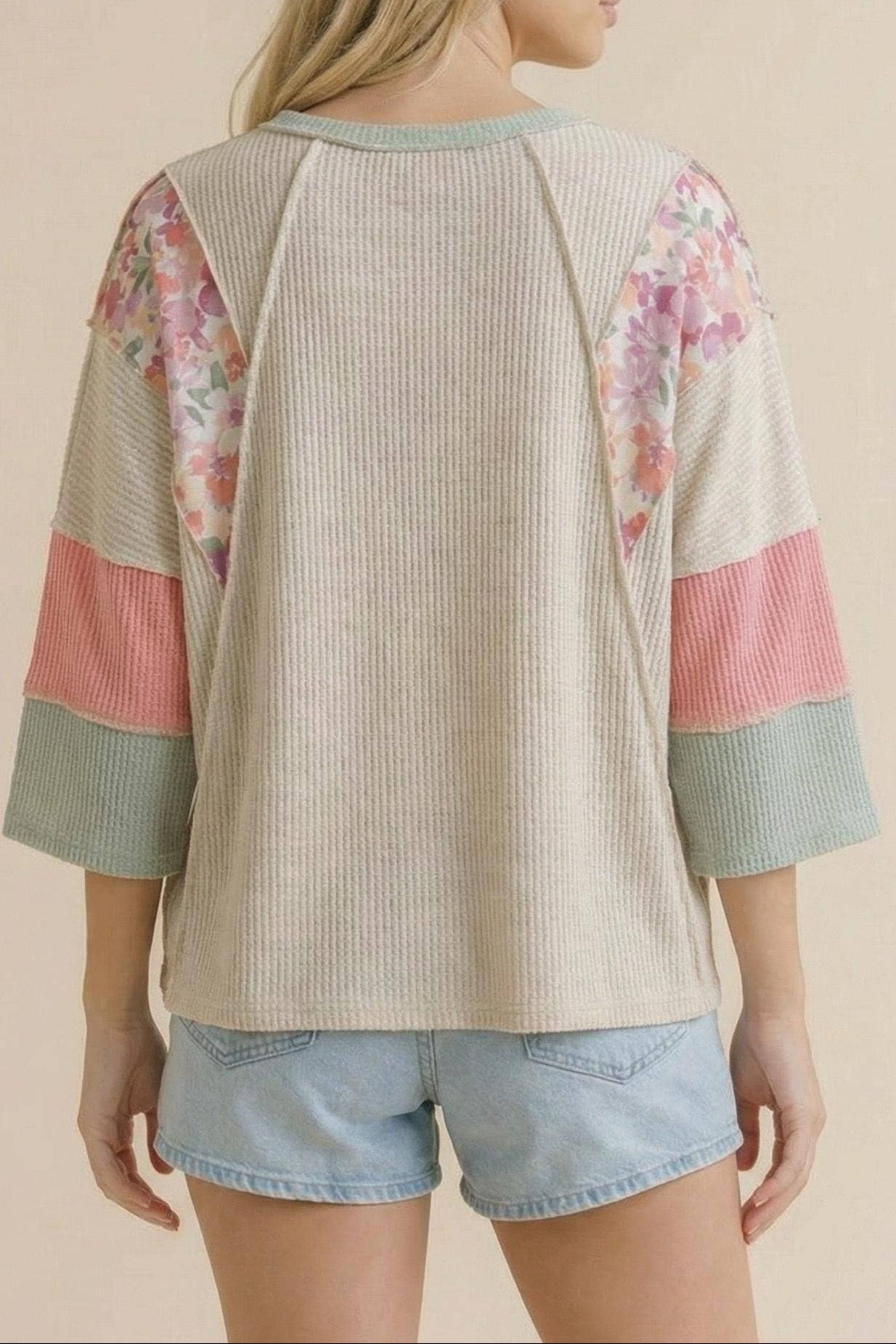 Plus Size Floral Color Block Wavy Rib Top