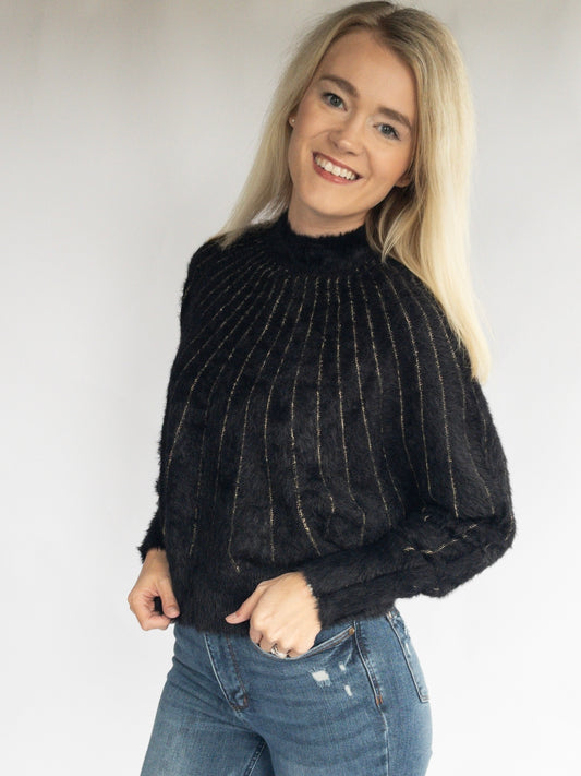 Black and Gold Lurex Fuzzy Sweater with a mock neckline