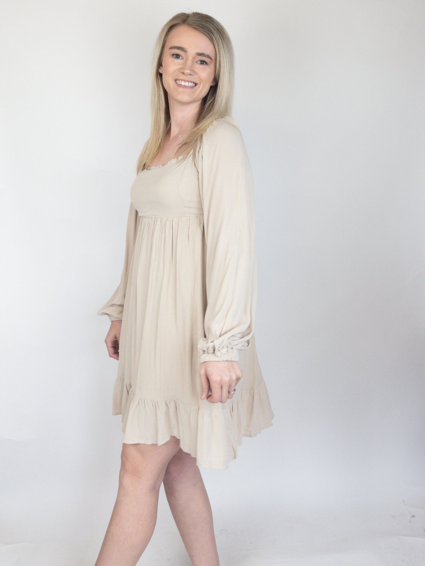 Ecru Textured Square Neck Puff Sleeve Midi Dress