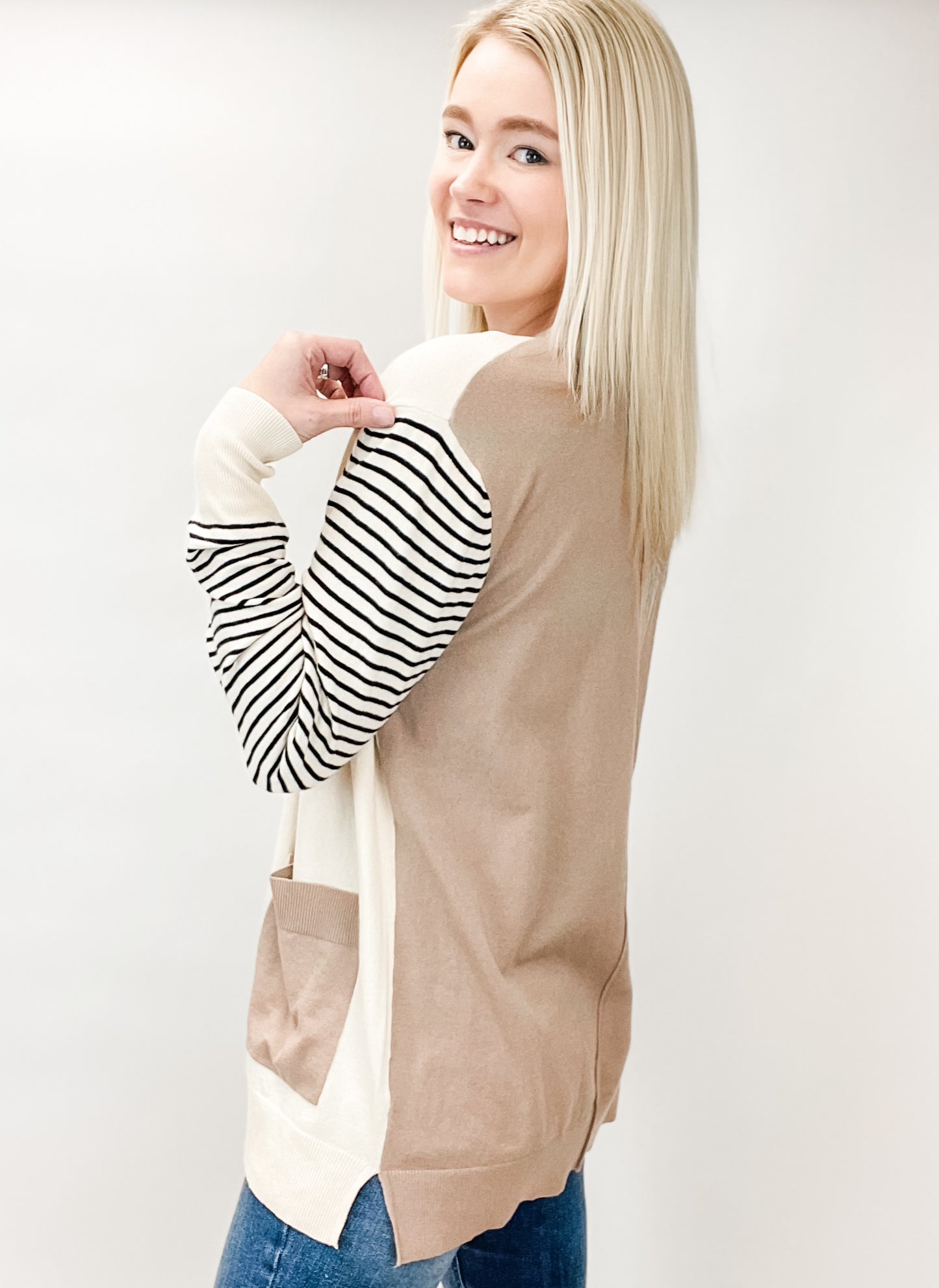 Stripe Sleeve Soft Cardigan