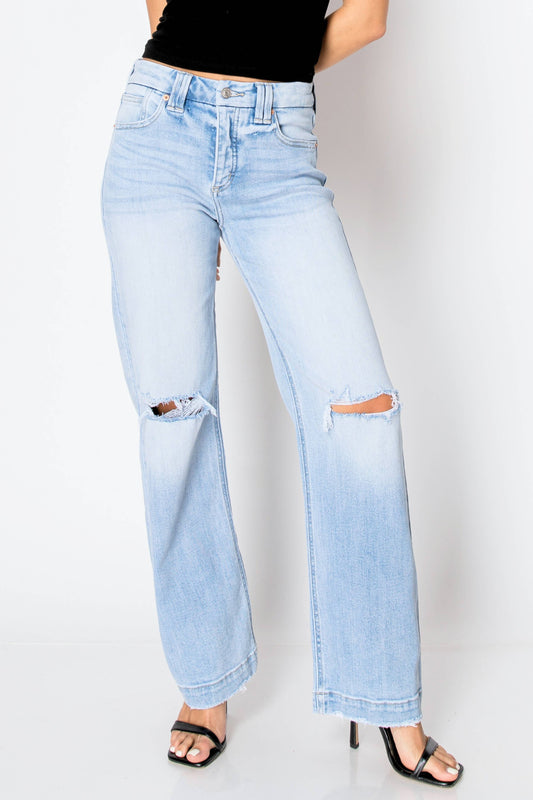 Tummy Control High Rise Relaxed Straight Leg Jeans - Light Wash