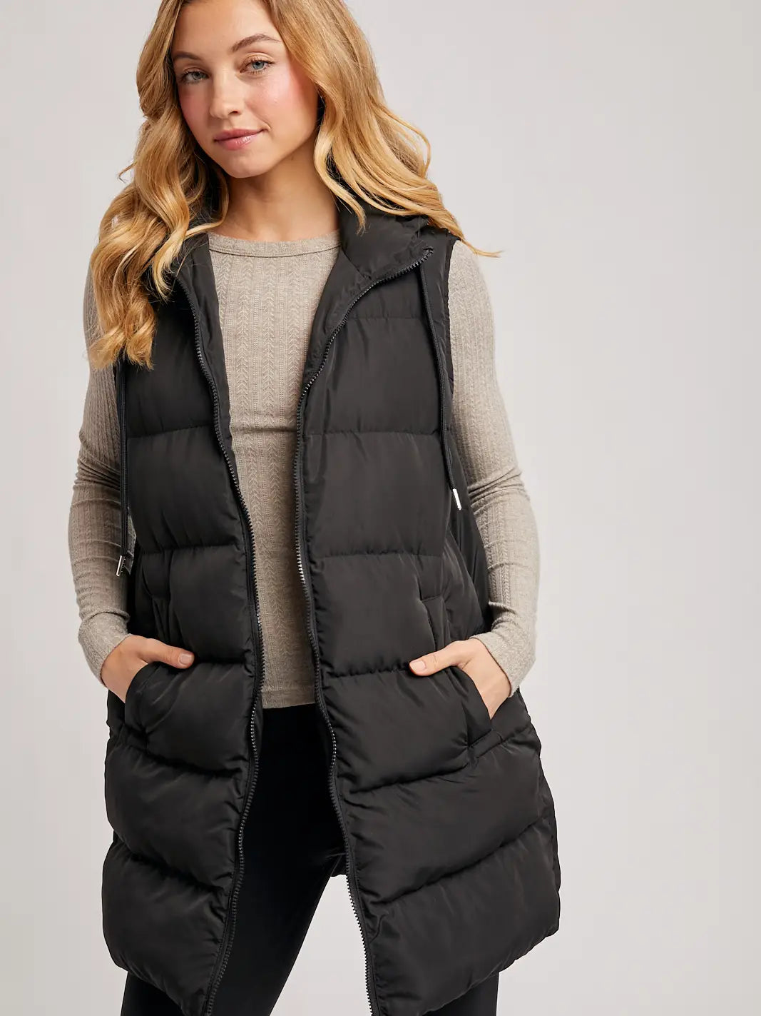 Black Hooded Zipper Down Long Puffer Vest