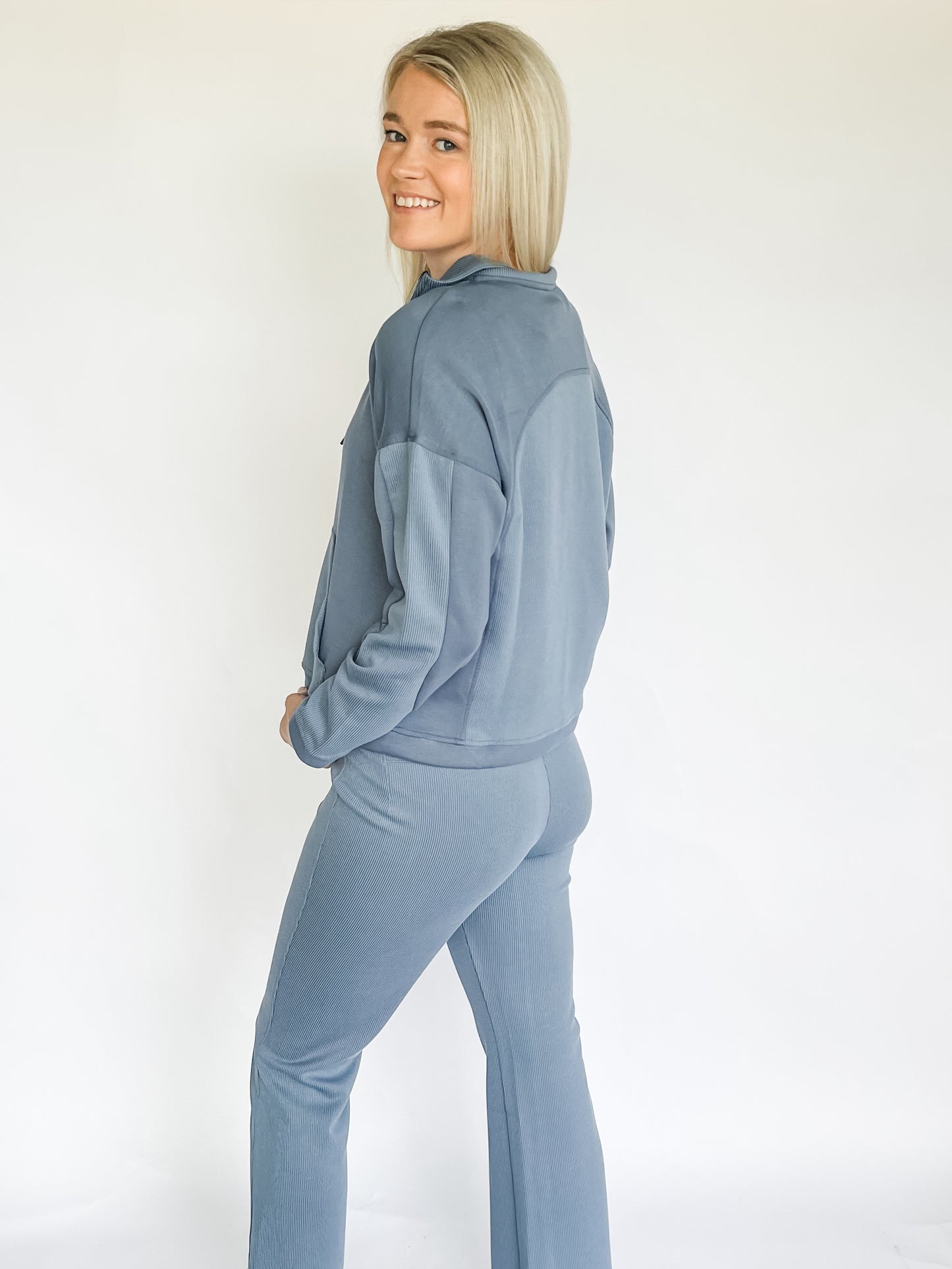 Techno Lux Slate Blue Rib Pull-On Flare Leg Pants