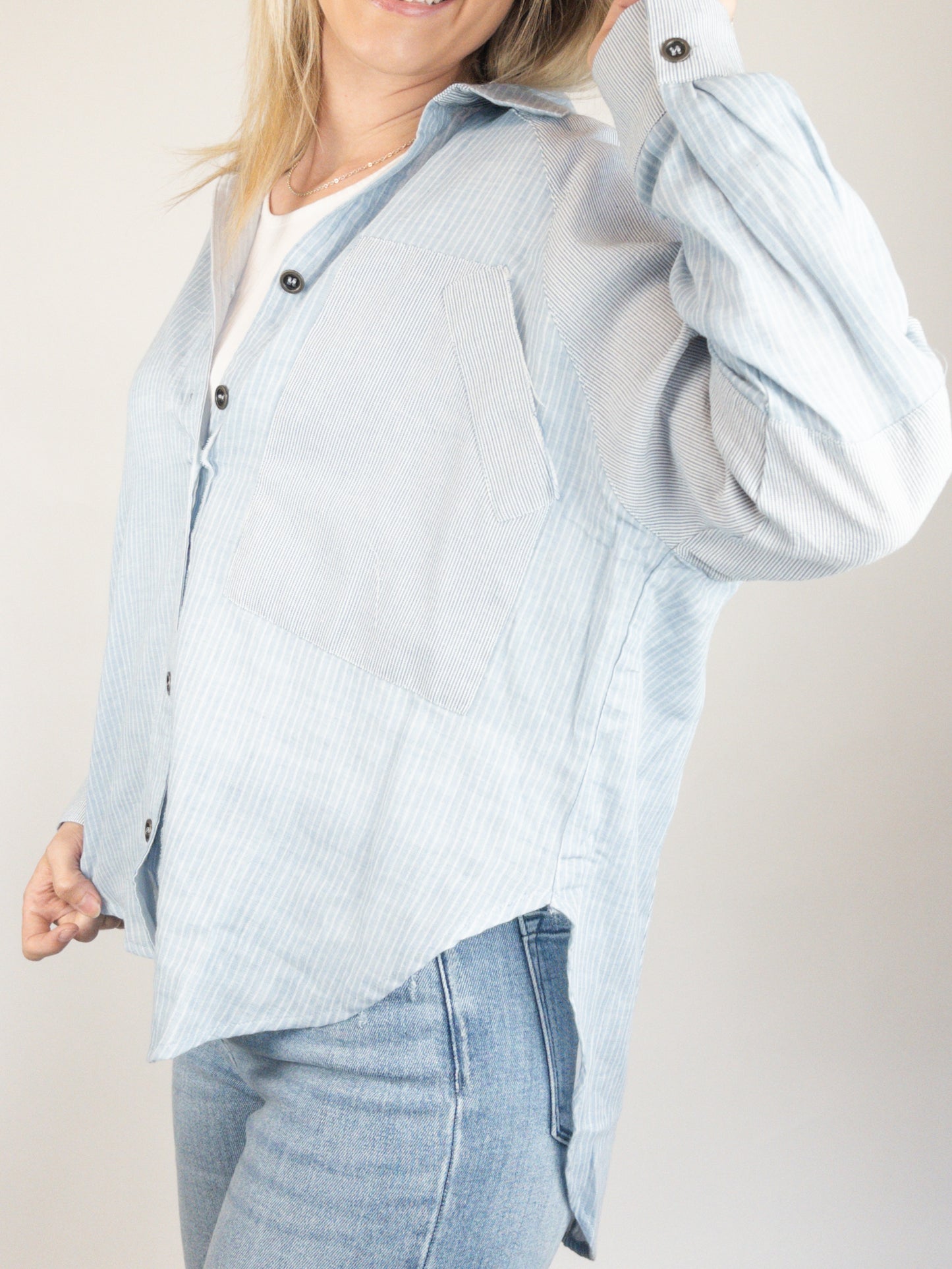 Blue Mixed Stripe Oversized Button Down Top