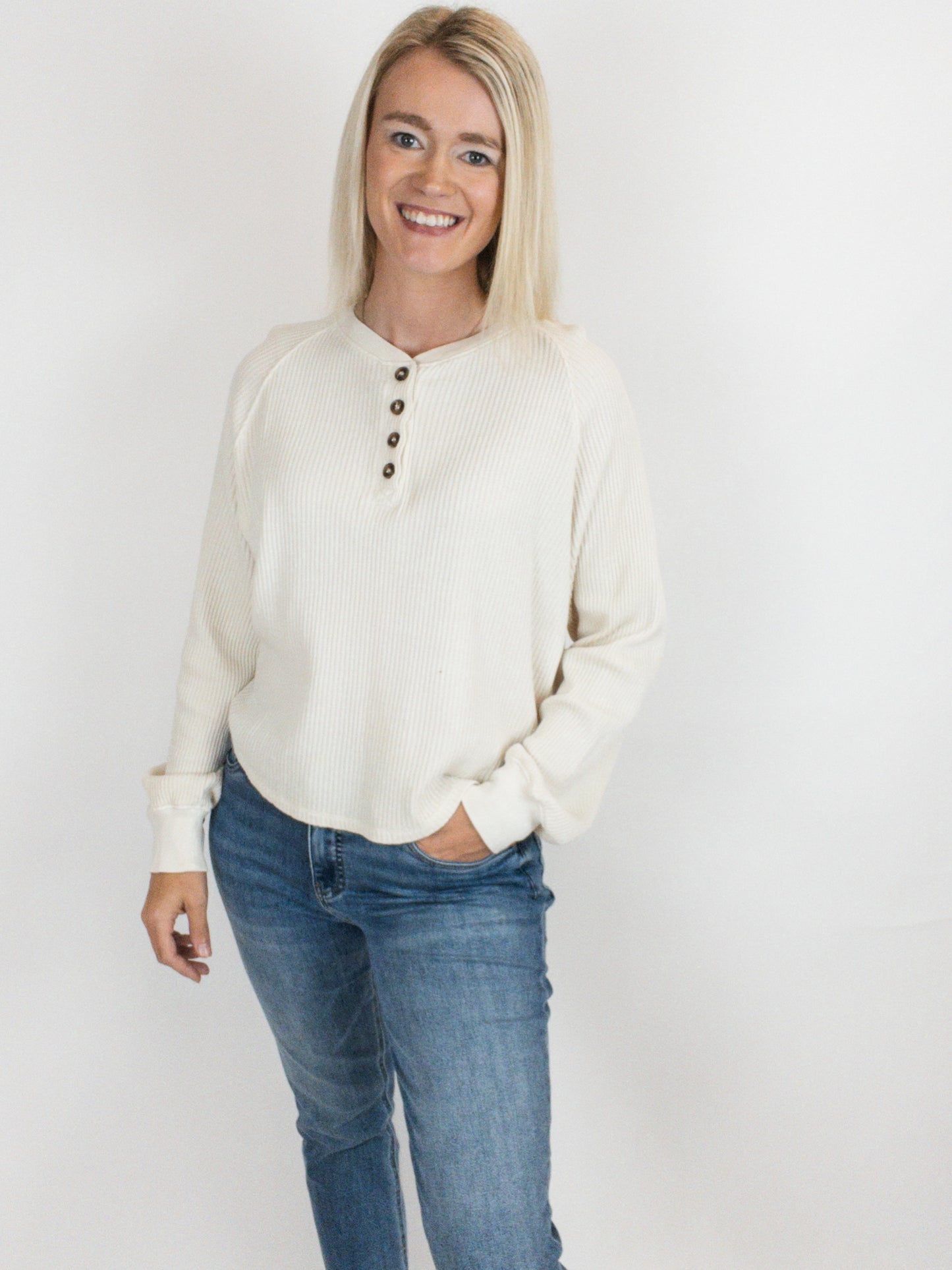 Henley Waffle Knit Top - Cream