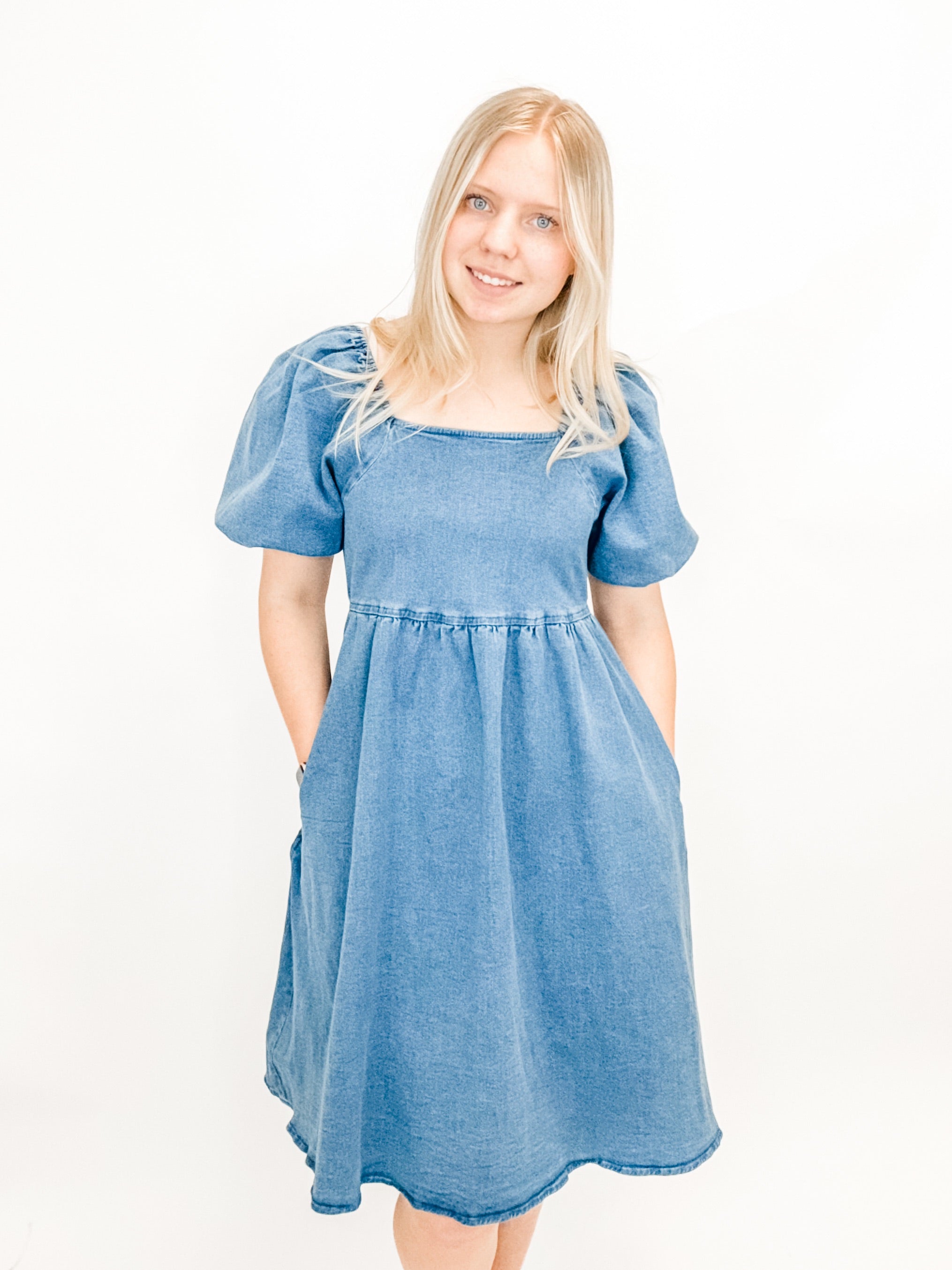 RoséMuse denim puff sleeves dress Denim Puff Sleeve Square Neck Dress – Simply Boutique