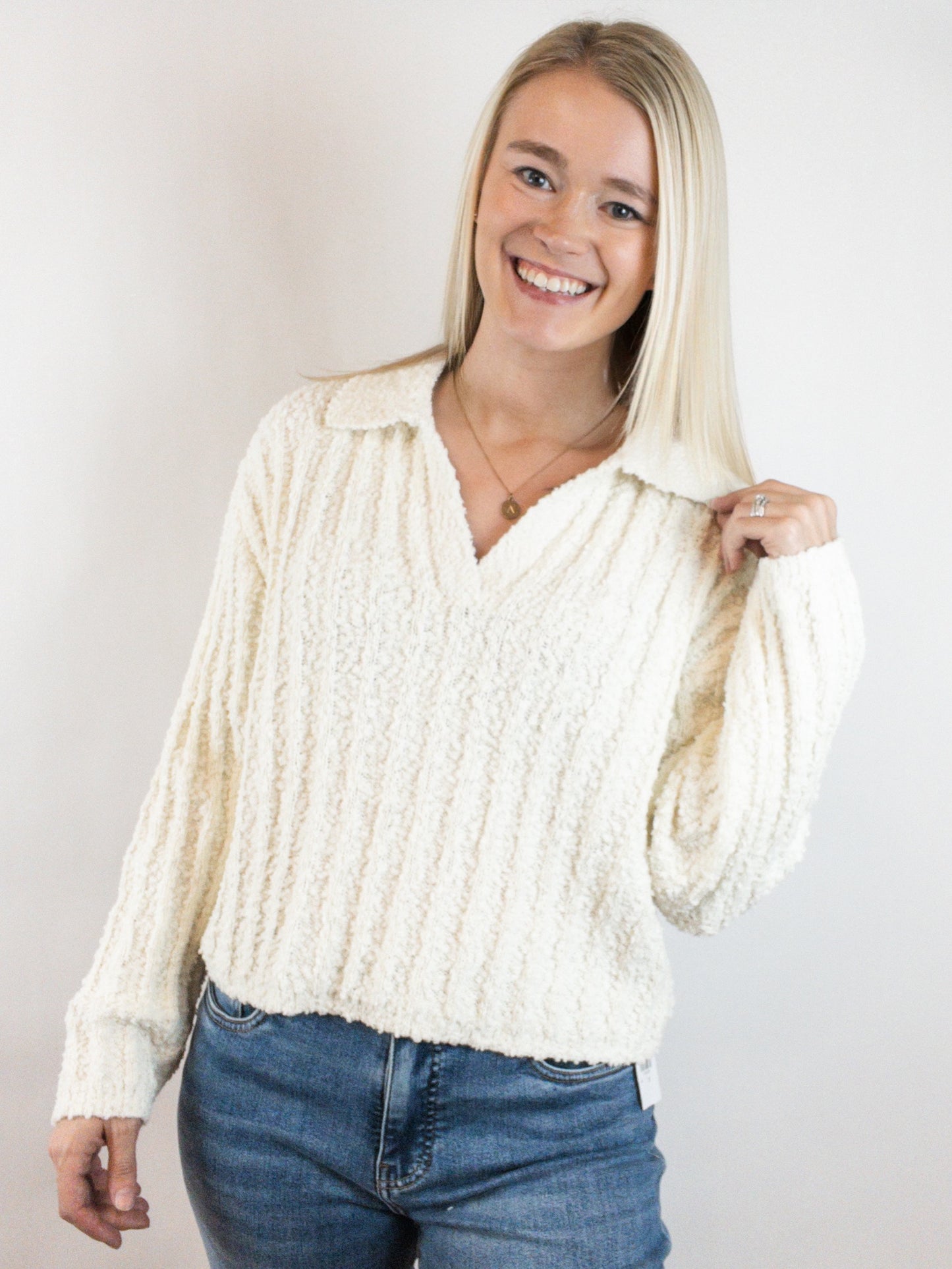 Cream Boucle Collared Sweater