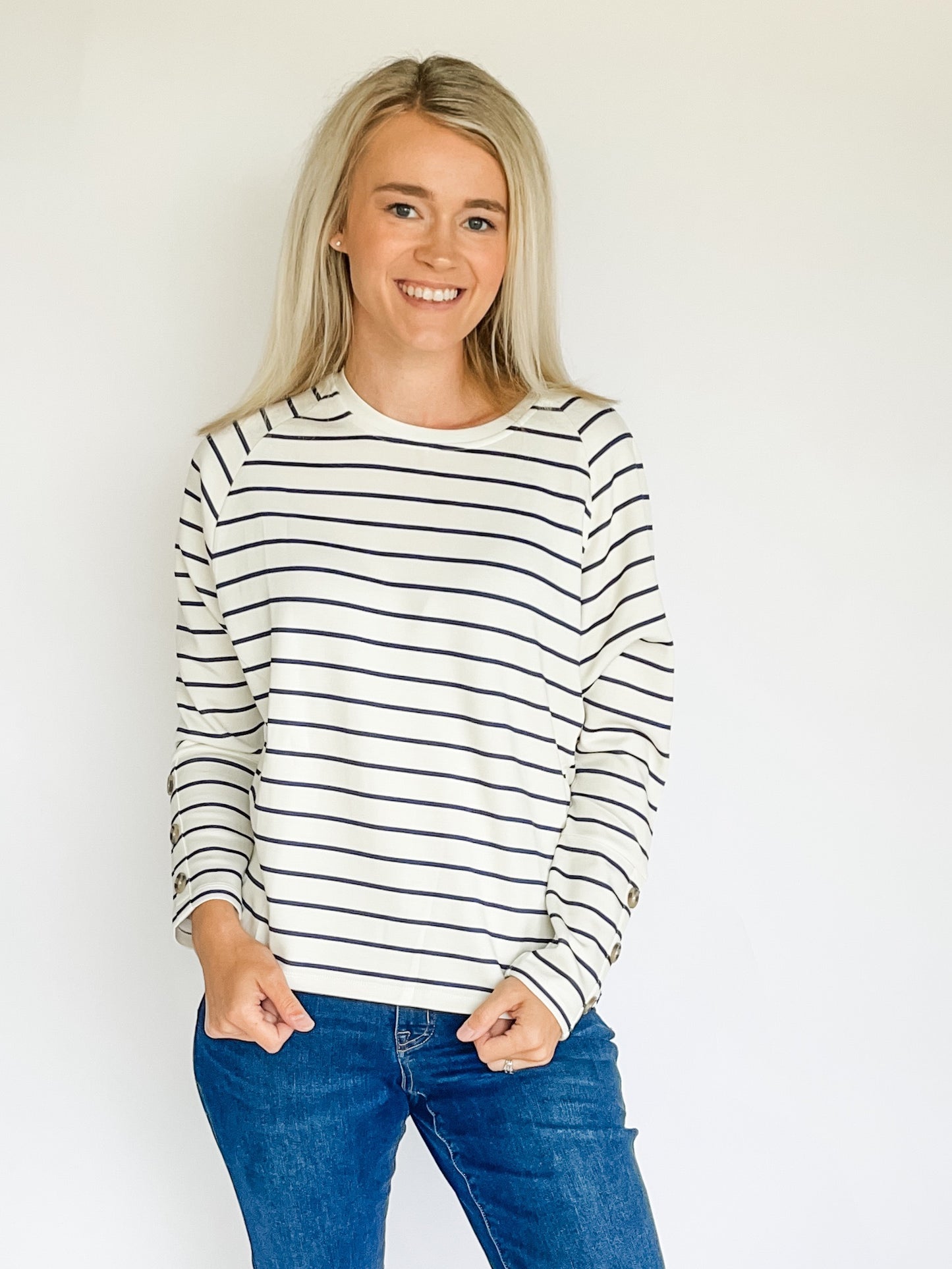 Stripe Scuba Knit Button-Sleeve Crew Neck Top