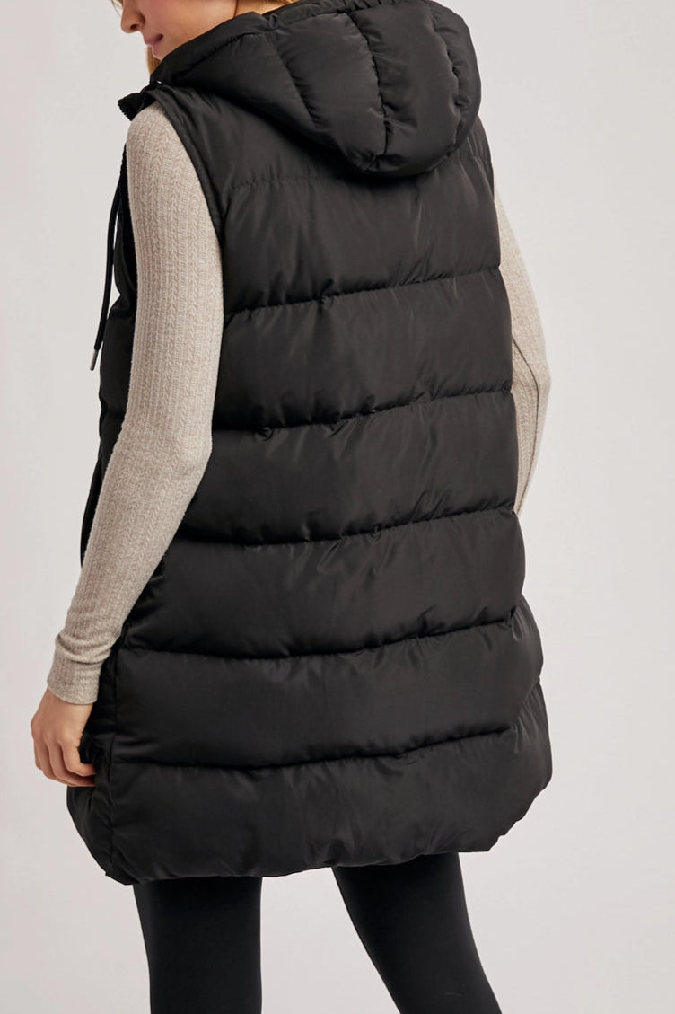Black Hooded Zipper Down Long Puffer Vest