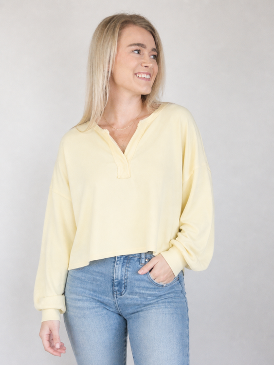 Butter Yellow Split Neck Long Sleeve Cropped Knit Top